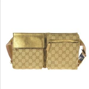 Gucci Gold Beige GG Canvas Dual Pocket Crossbody Belt Bag